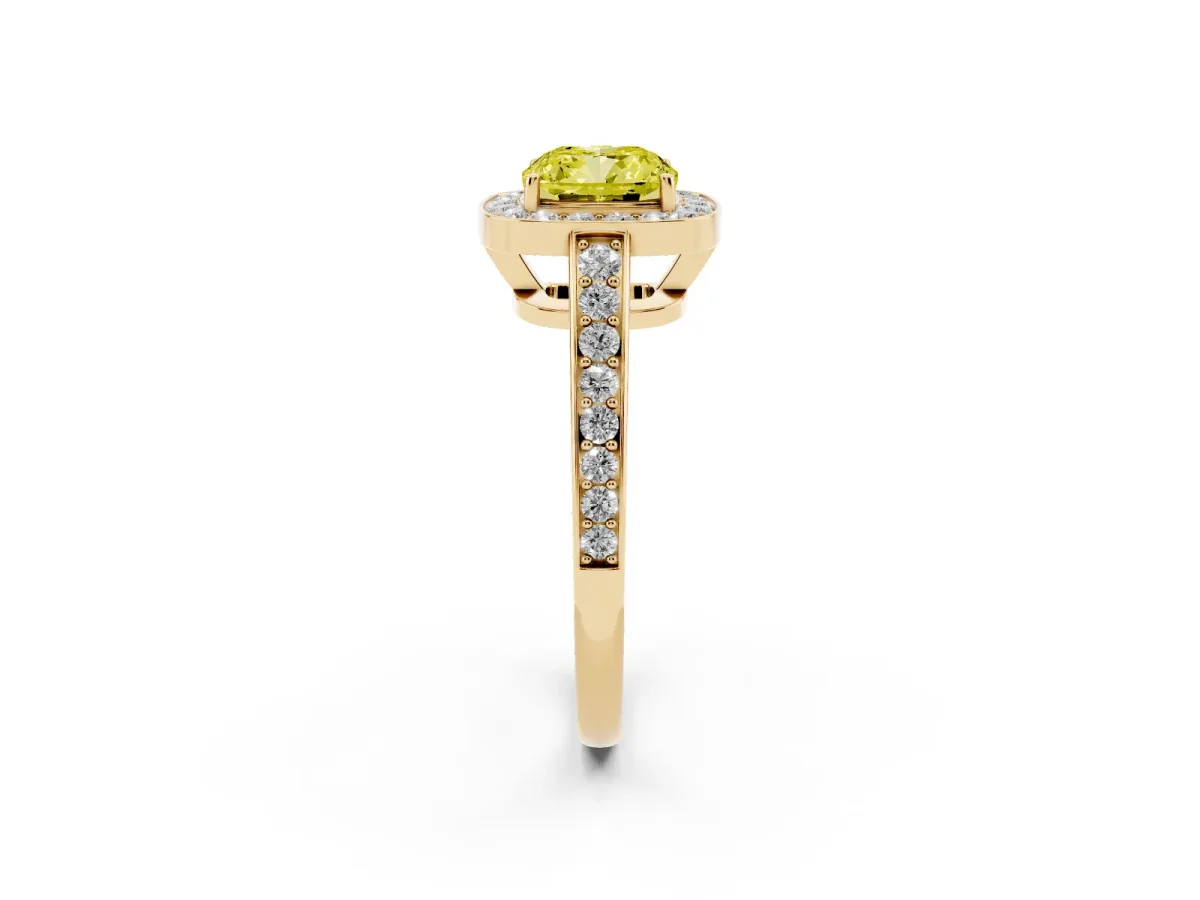Fancy Yellow Cushion Cut Halo Pavé Diamond Engagement Ring with Bezel Setting Yellow gold