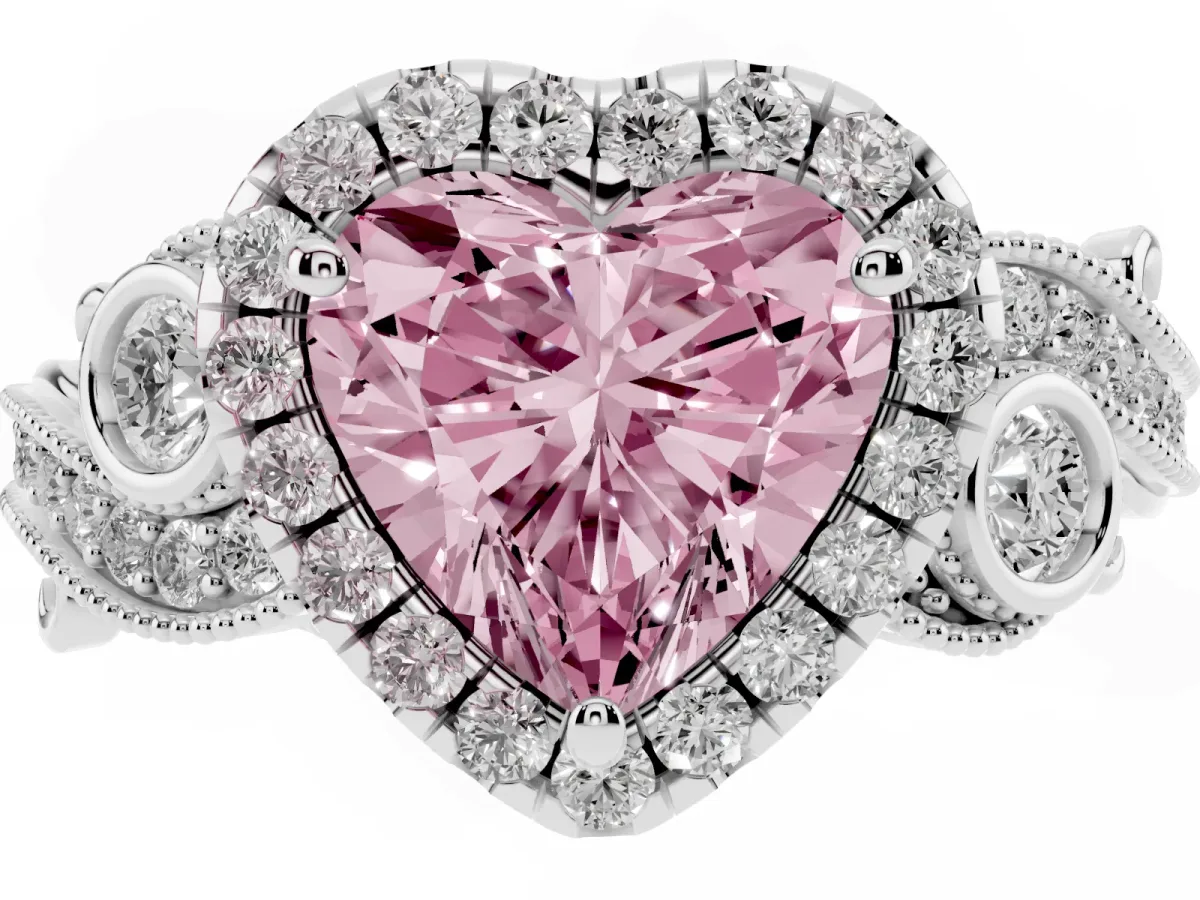 Fancy Pink Heart Cut Diamond Halo Ring with Milgrain Pavé Band and Four-Prong Setting Platinum
