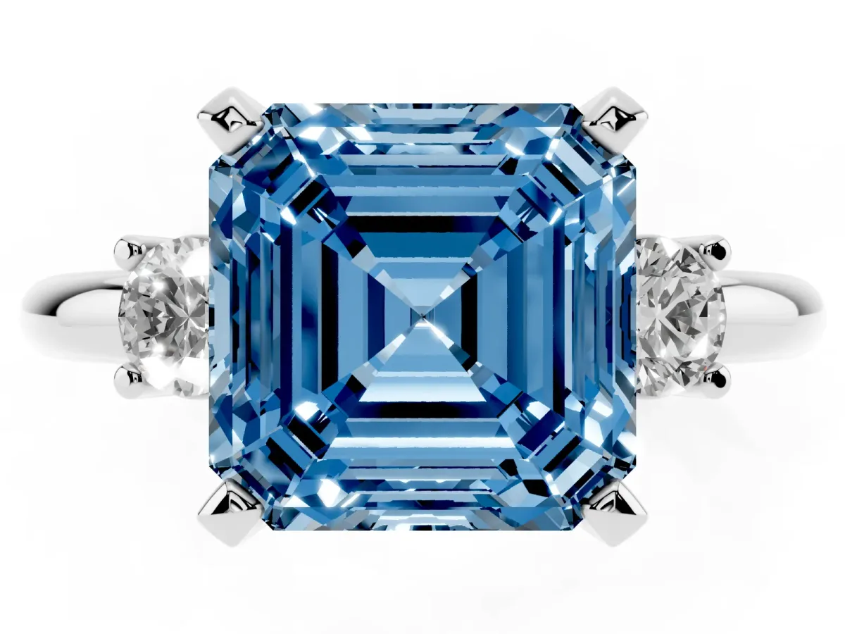 Fancy Blue Three-Stone Princess Cut Cut Diamond Solitaire with Prong Setting and Classic Band White gold