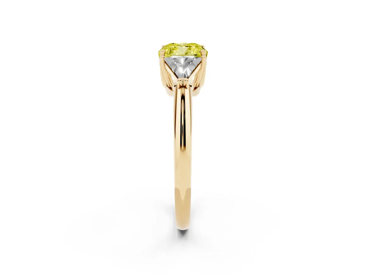 Fancy Yellow Three-Stone Cushion Cut Diamond Engagement Ring with Trillion Side Stones and Prong Setting Yellow gold