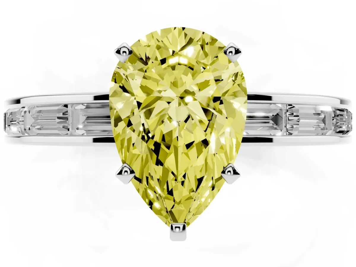 Fancy Yellow Pear Cut Solitaire Diamond Ring with Channel-Set Baguette Band and Four-Prong Setting Silver