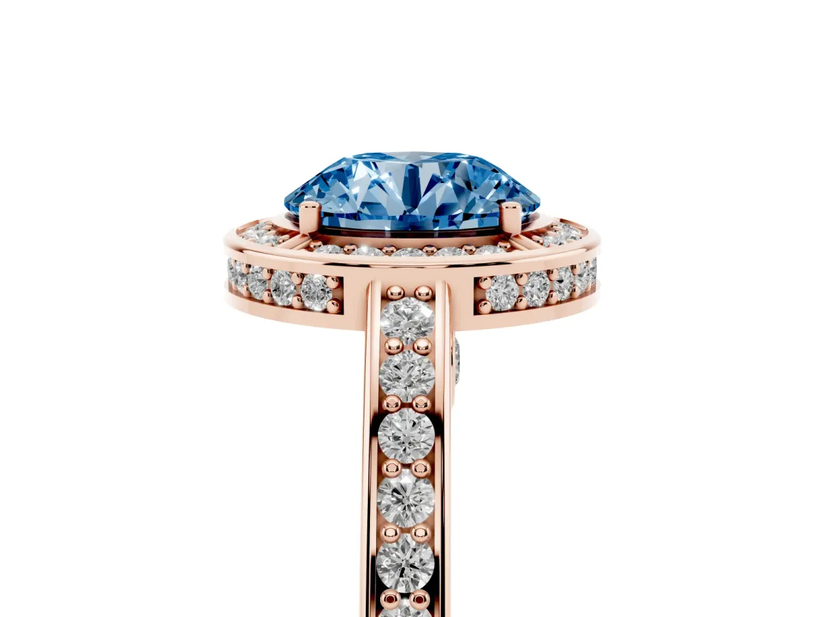 Fancy Blue Round Cut Cut Halo Pave Split Shank Prong Setting Ring Rose gold