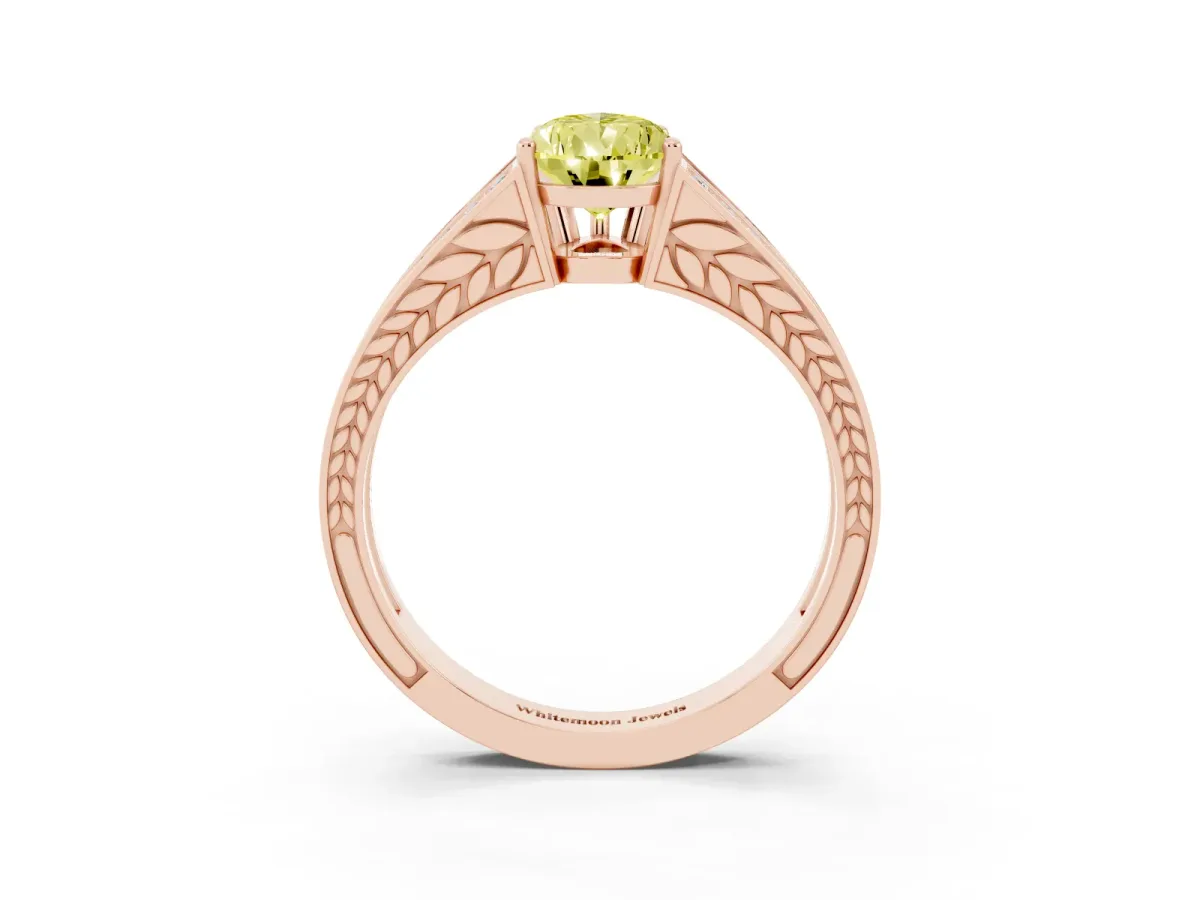 Fancy Yellow Pear Cut Diamond Split Shank Ring with Pavé Band and Four-Prong Setting Rose gold