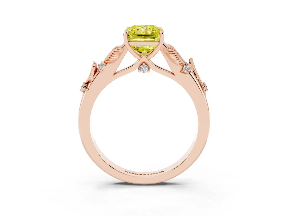 Fancy Yellow Radiant Cut Diamond Solitaire Ring with Leaf Motif Band and Four-Prong Setting Rose gold