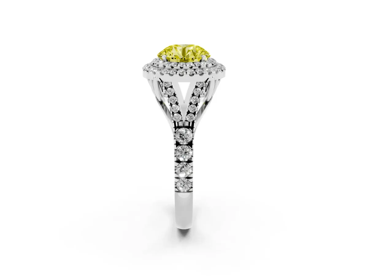 Fancy Yellow Round Cut Diamond Double Halo Ring with Split Shank and Prong Setting Platinum