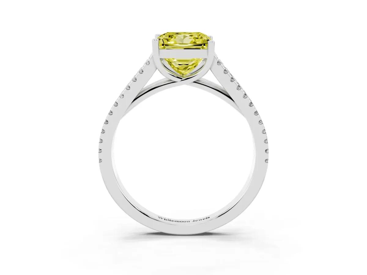 Fancy Yellow Princess Cut Diamond Solitaire Engagement Ring with Split Shank Pavé Band Platinum