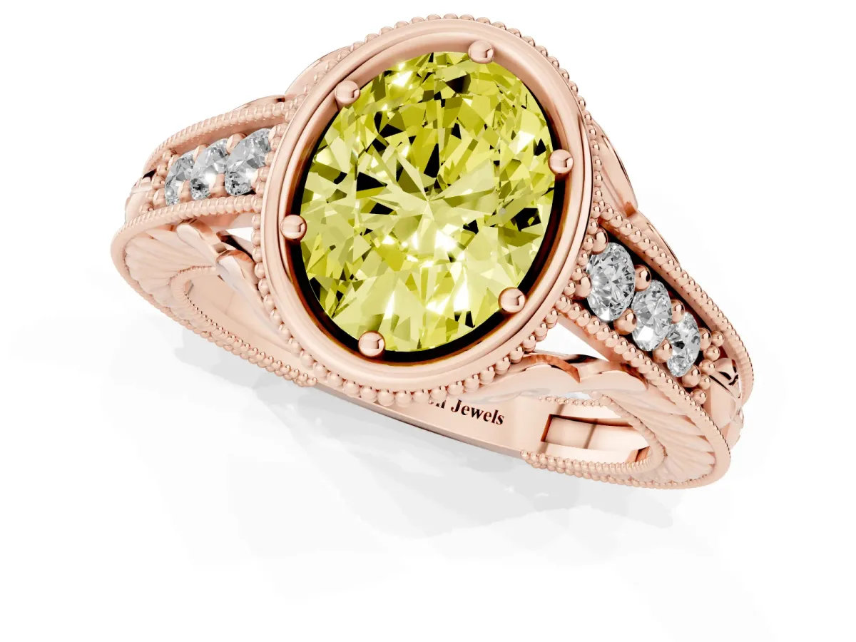 Fancy Yellow Bezel Set Oval Cut Diamond Milgrain Pave Engagement Ring Rose gold