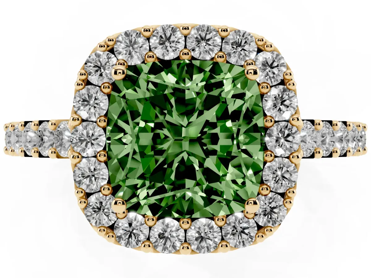 Fancy Green Cushion Cut Halo Diamond Pavé Solitaire Ring Yellow gold
