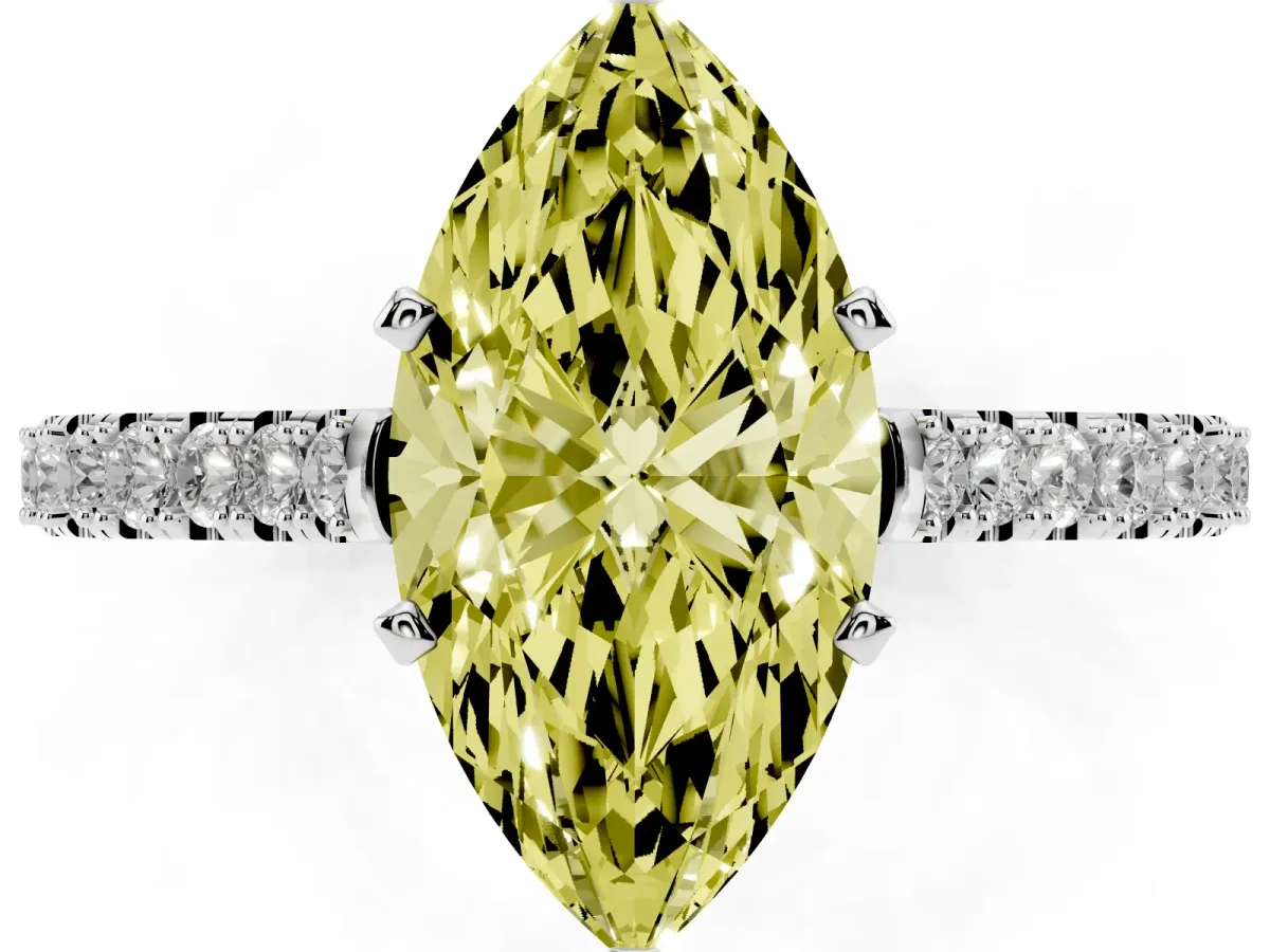 Fancy Yellow Marquise Cut Cut Solitaire Diamond Engagement Ring with Pave Band and Four-Prong Setting Platinum