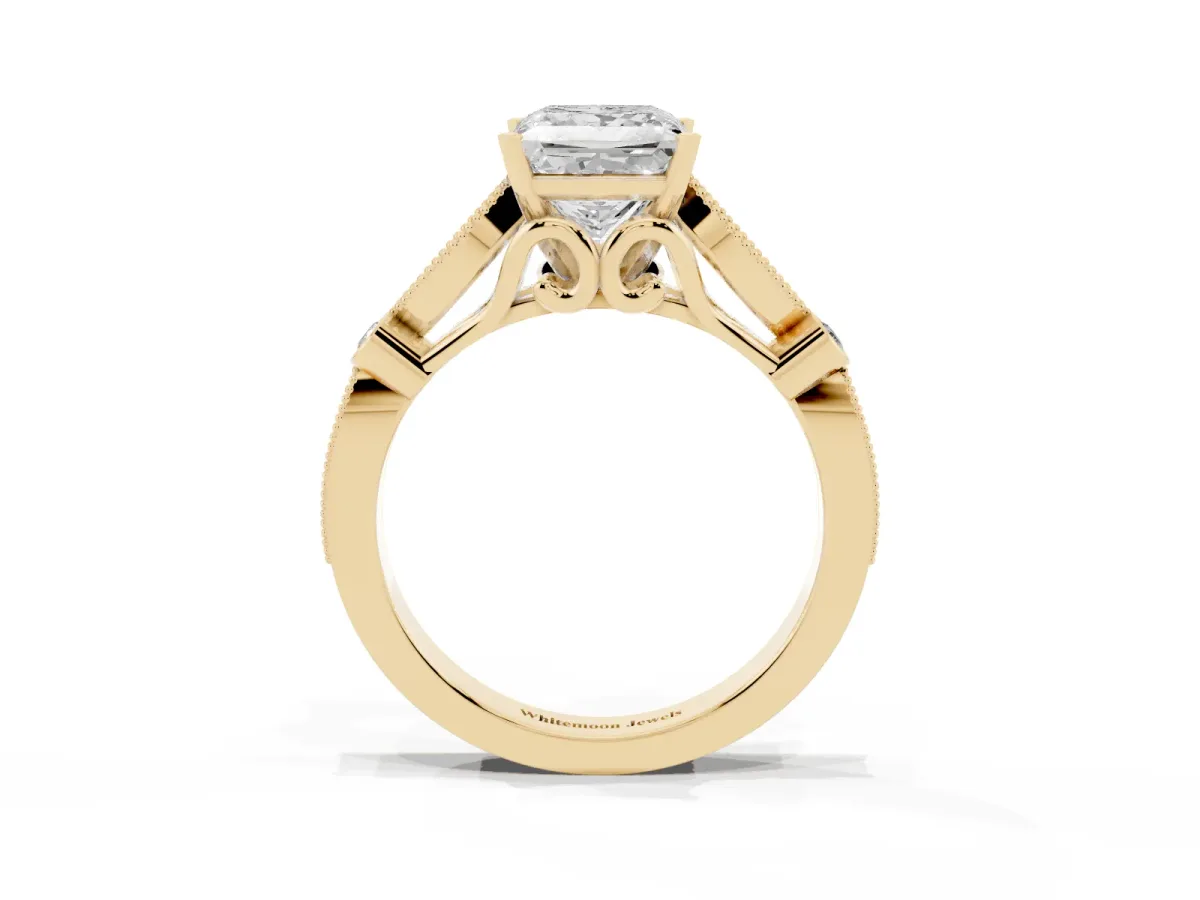 Princess Cut Cut Diamond with Milgrain Marquise and Bezel Accents on a Solitaire Band with Prong Setting Yellow gold