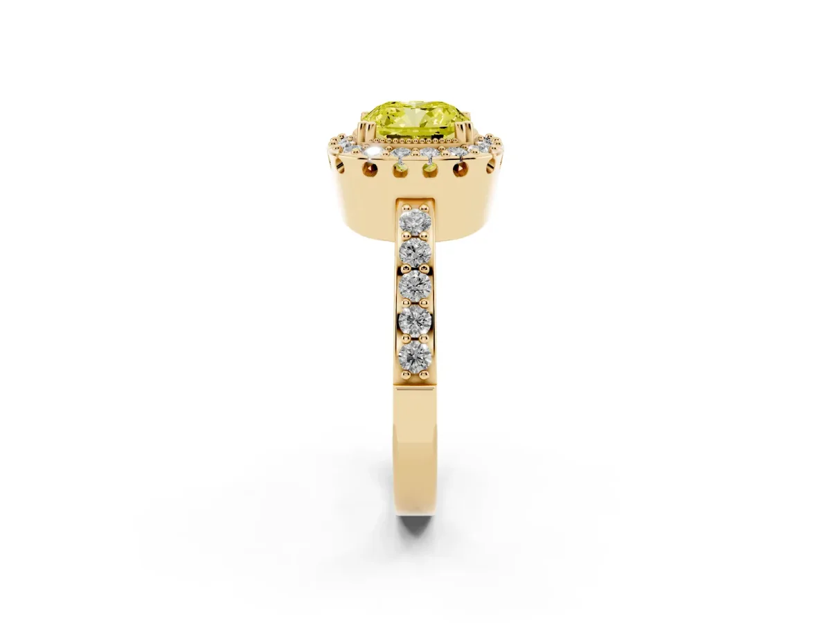 Fancy Yellow Cushion Cut Diamond Halo Ring with Pavé Band and Prong Setting Yellow gold