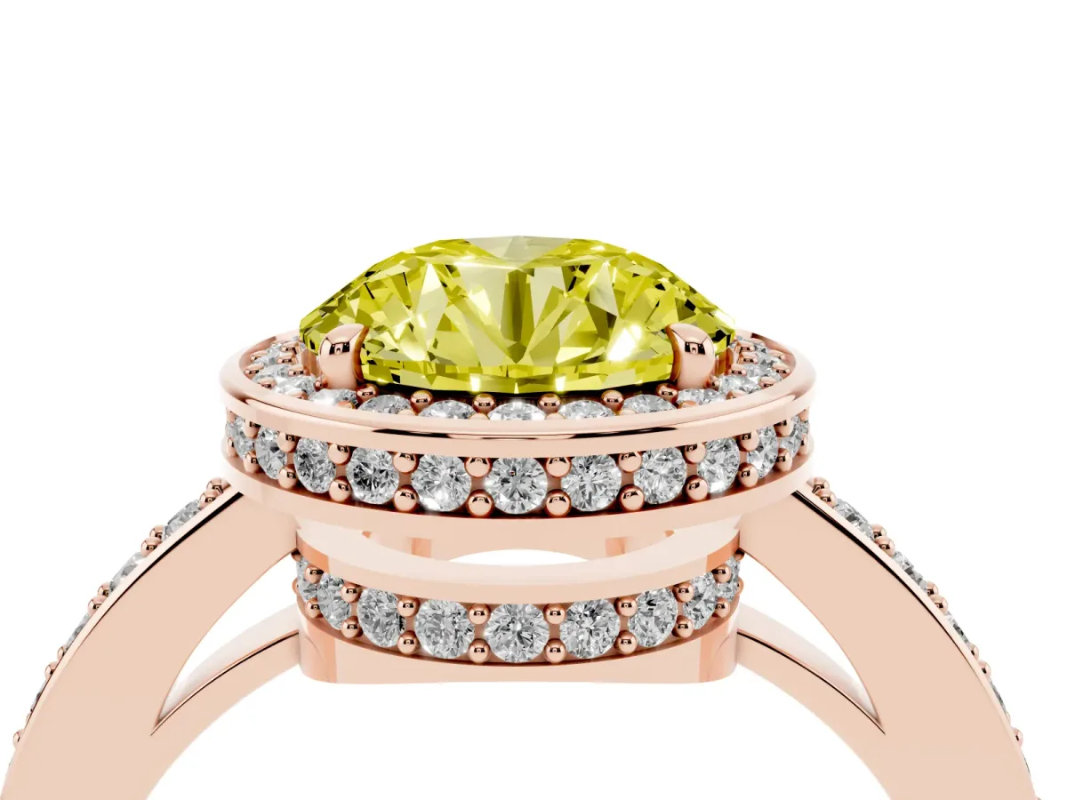 Fancy Yellow Round Cut Halo Pave Band Solitaire Ring with Prong Setting Rose gold