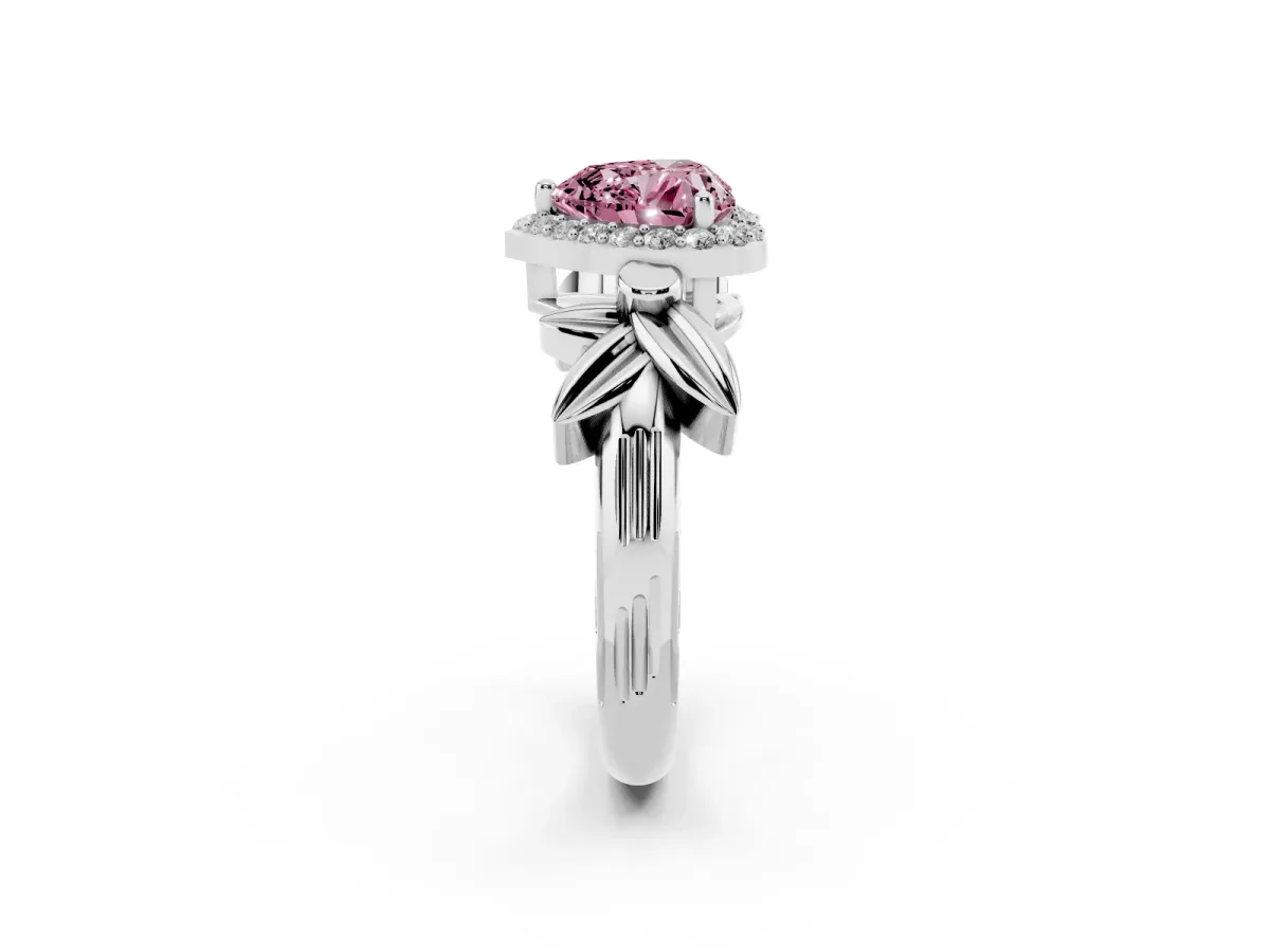Fancy Pink Heart Cut Halo Diamond Floral Band with Four-Prong Setting Silver