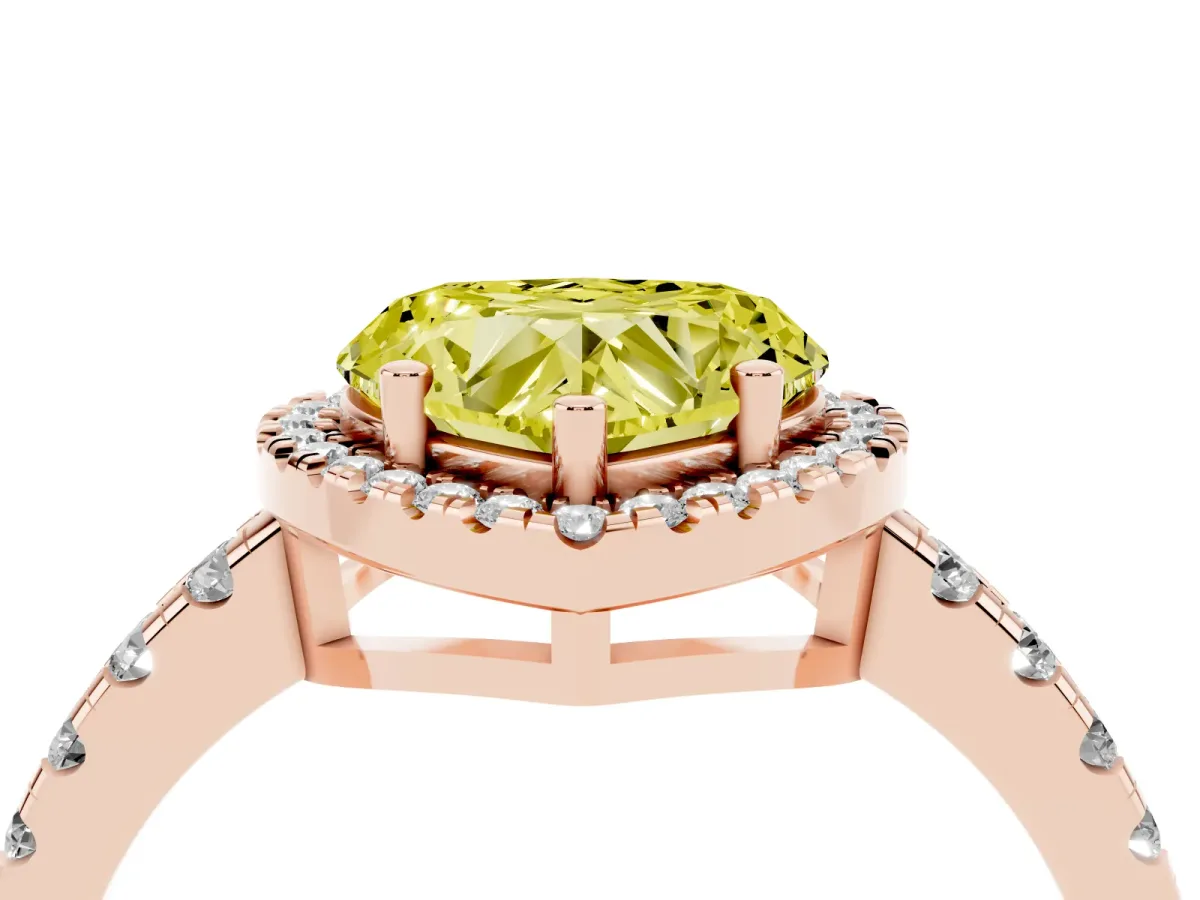 Fancy Yellow Heart Cut Diamond Halo Ring with Pavé Band and Four-Prong Setting Rose gold