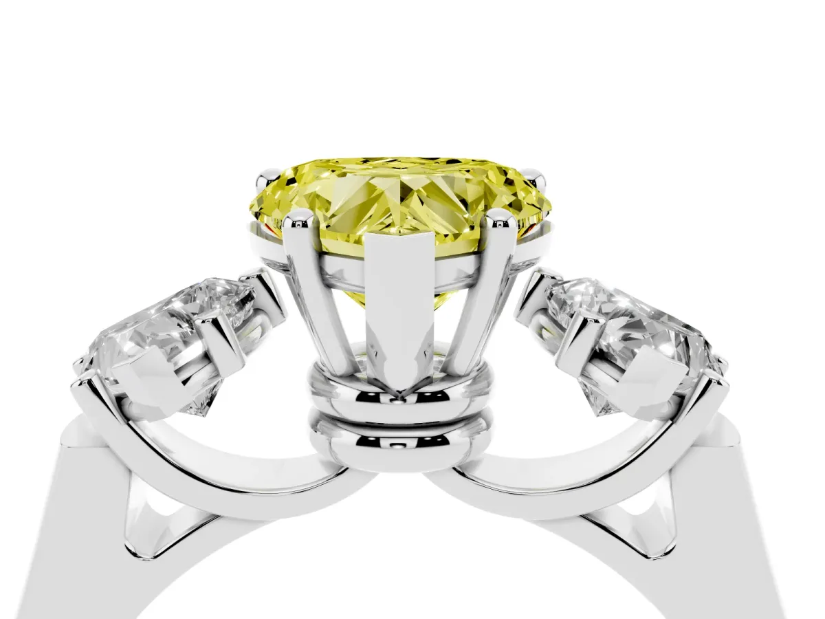 Fancy Yellow Three-Stone Heart Cut Brilliant Diamond Trellis Ring with Comfort Fit Band White gold