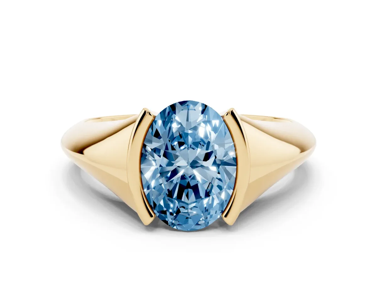 Fancy Blue Oval Cut Solitaire Tension Set Diamond Ring Yellow gold