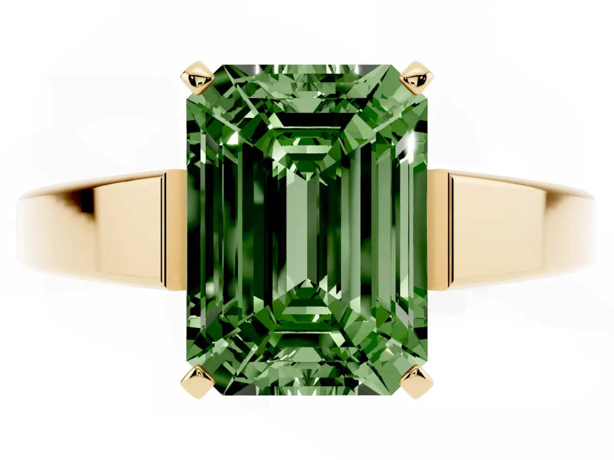 Fancy Green Emerald Cut Solitaire Engagement Ring with Four-Prong Setting and Tapered Band Yellow gold