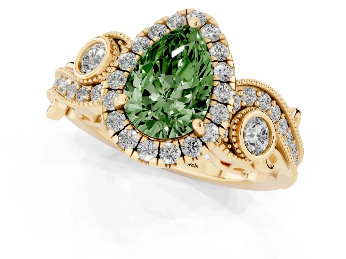 Fancy Green Pear Cut Diamond Halo Ring with Milgrain Pavé Band and Four-Prong Setting Yellow gold