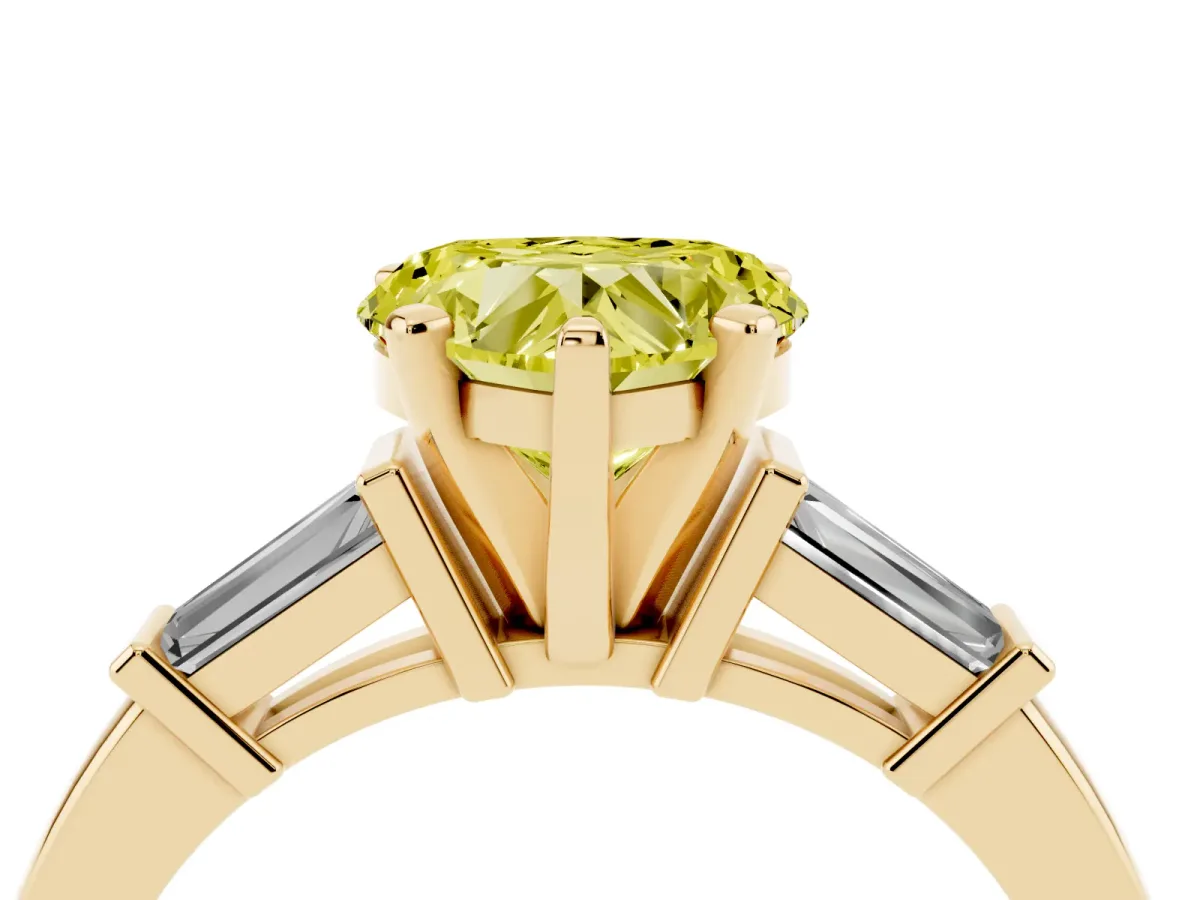 Fancy Yellow Heart Cut Cut Diamond Solitaire Ring with Tapered Baguette Accents and Four-Prong Setting Yellow gold