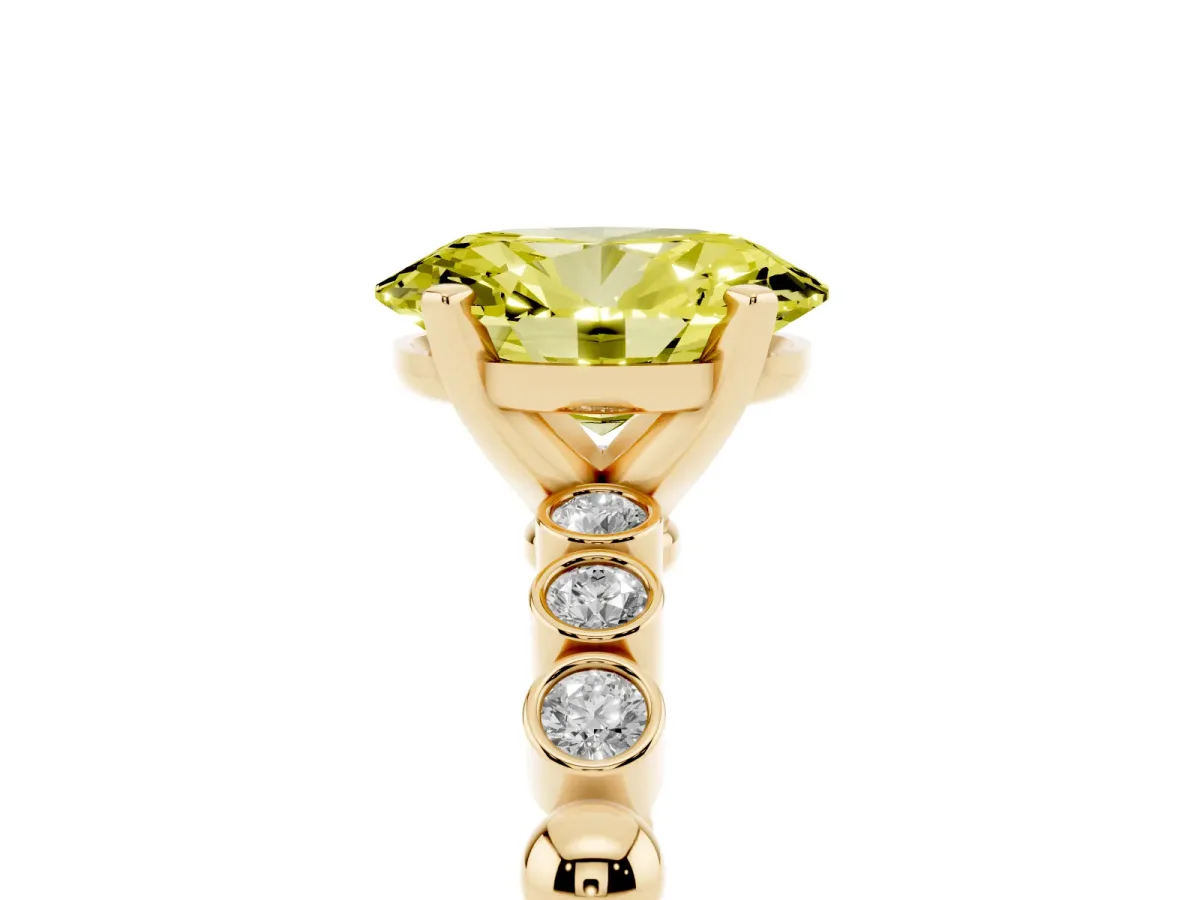 Fancy Yellow Oval Cut Solitaire Bezel Accent Diamond Engagement Ring with Beaded Band and Four-Prong Setting Yellow gold