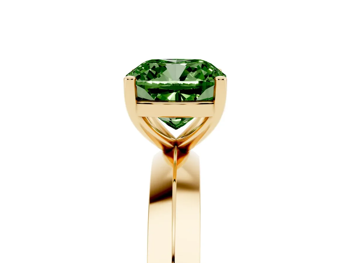 Fancy Green Cushion Cut Cut Solitaire Engagement Ring with Flat Band and Four-Prong Setting Yellow gold