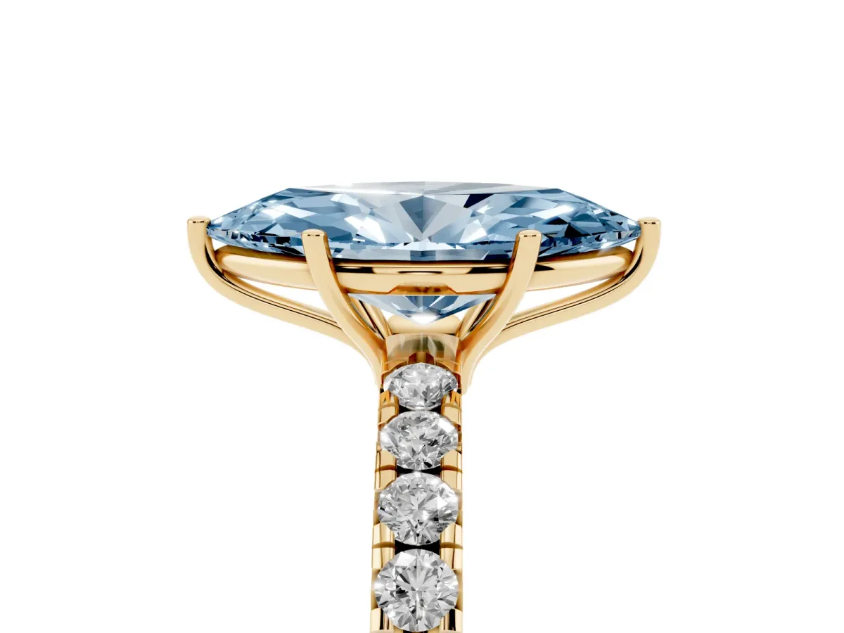 Fancy Blue Marquise Cut Diamond Pavé Solitaire Engagement Ring with Four-Prong Setting Yellow gold