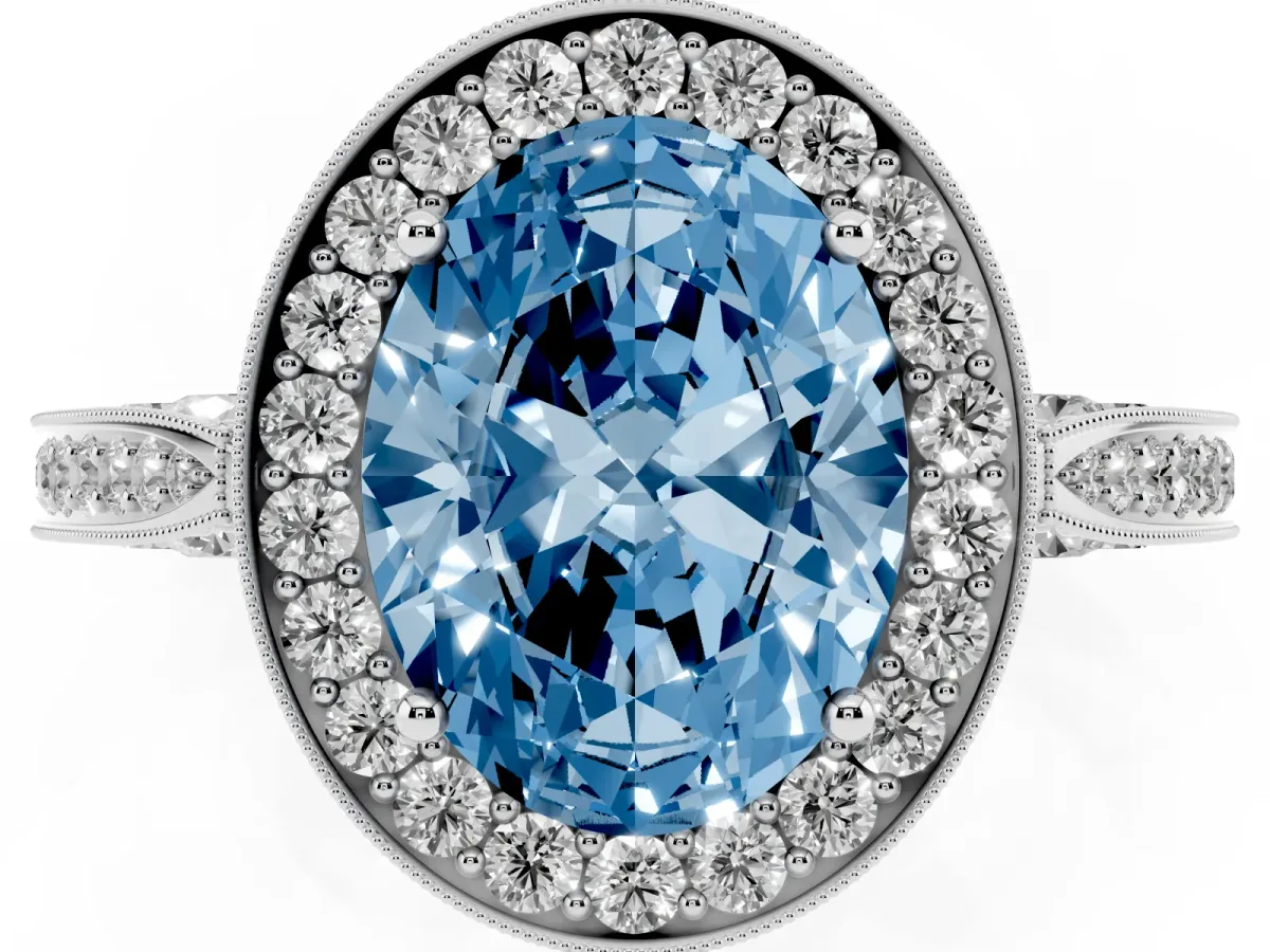 Fancy Blue Oval Cut Halo Diamond Engagement Ring with Split Shank Band and Four-Prong Setting Silver