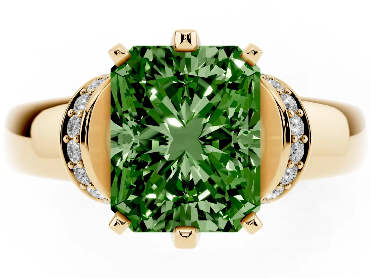 Fancy Green Radiant Cut Solitaire Diamond Ring with Pave Band and Six-Prong Setting Yellow gold