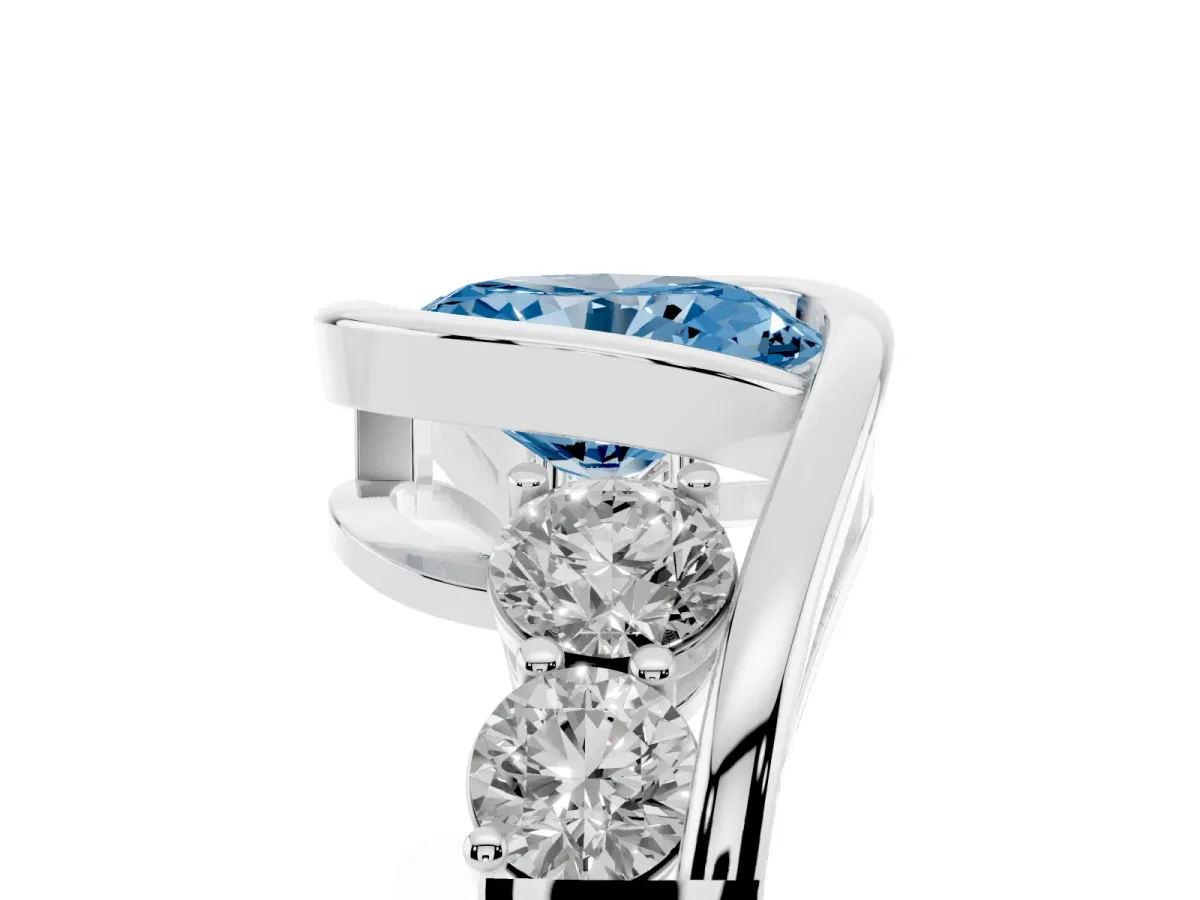 Fancy Blue Bezel Set Oval Cut Diamond Bypass Ring with Round Accents Platinum