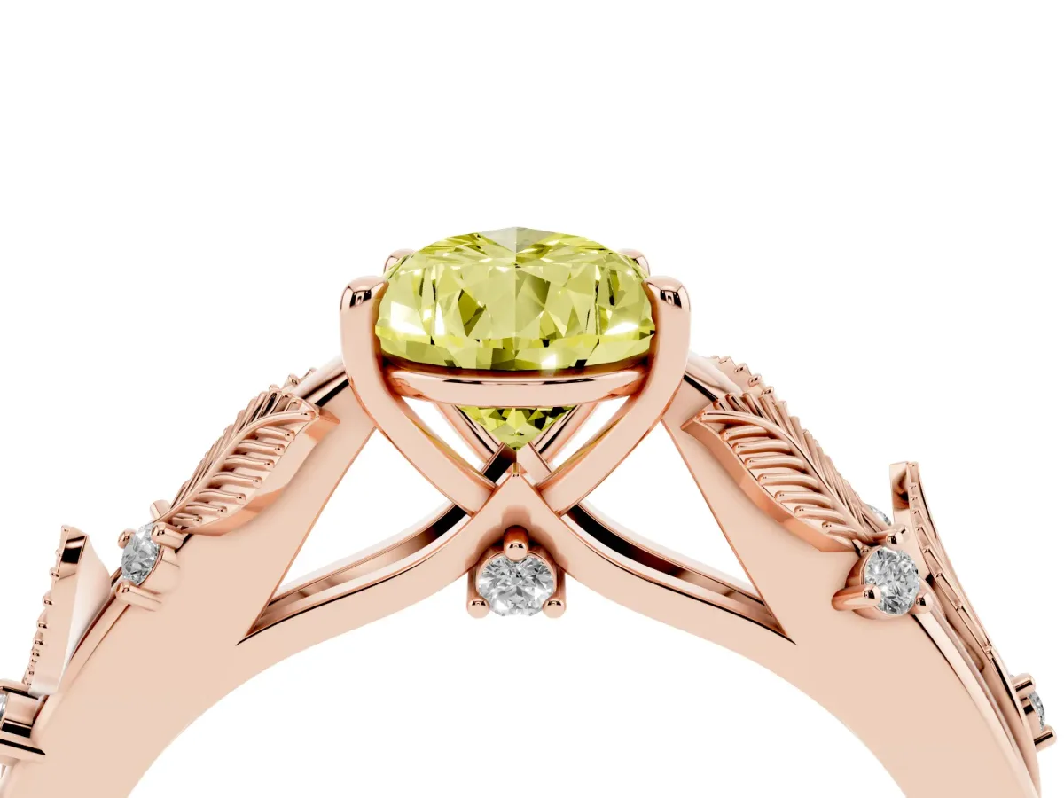 Fancy Yellow Pear Cut Diamond Solitaire Ring with Leaf Motif Band and Four-Prong Setting Rose gold
