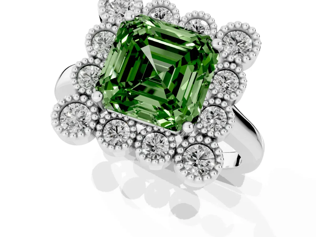 Fancy Green Asscher Cut Halo Diamond Cluster Engagement Ring with Milgrain Bezel Setting and Solitaire Band Silver