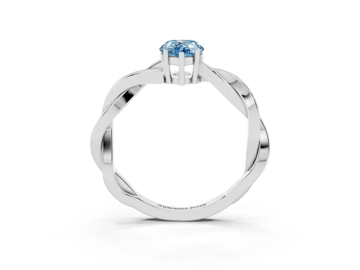 Fancy Blue Pear Cut Solitaire Twisted Pave Diamond Ring with Four-Prong Setting Silver