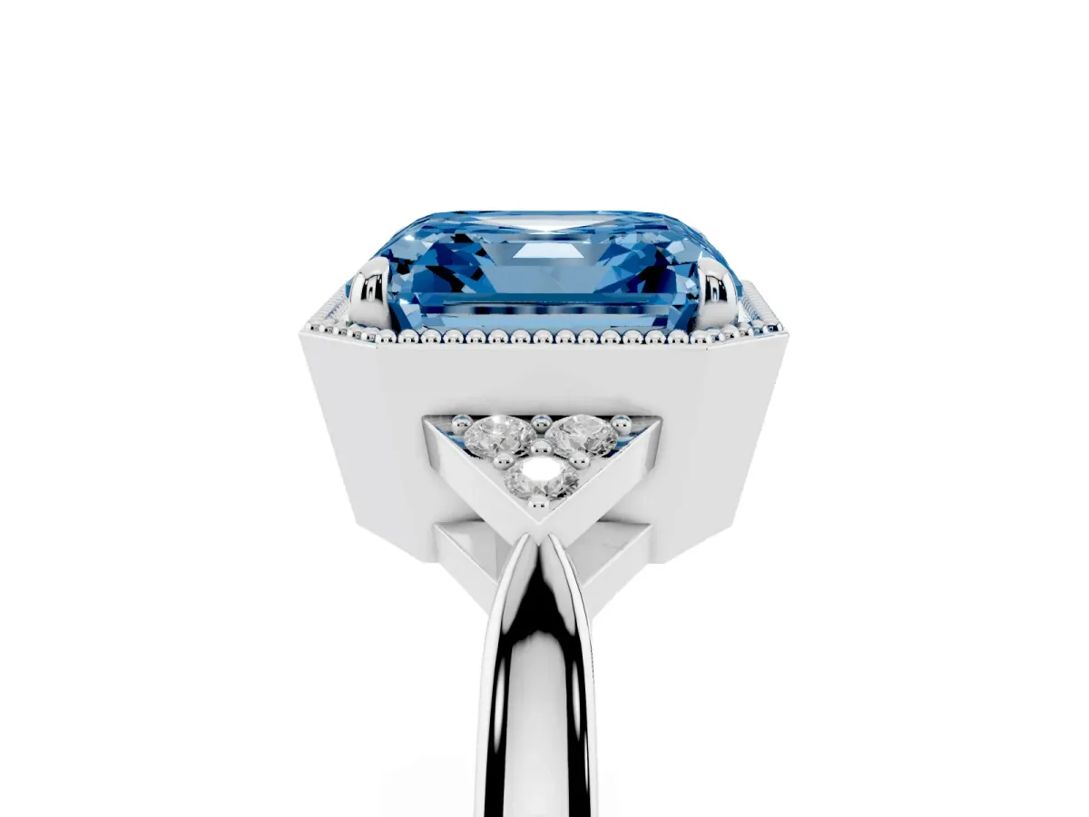 Fancy Blue Hexagonal Halo Asscher Cut Diamond Solitaire with Pavé Band and Four-Prong Setting Silver