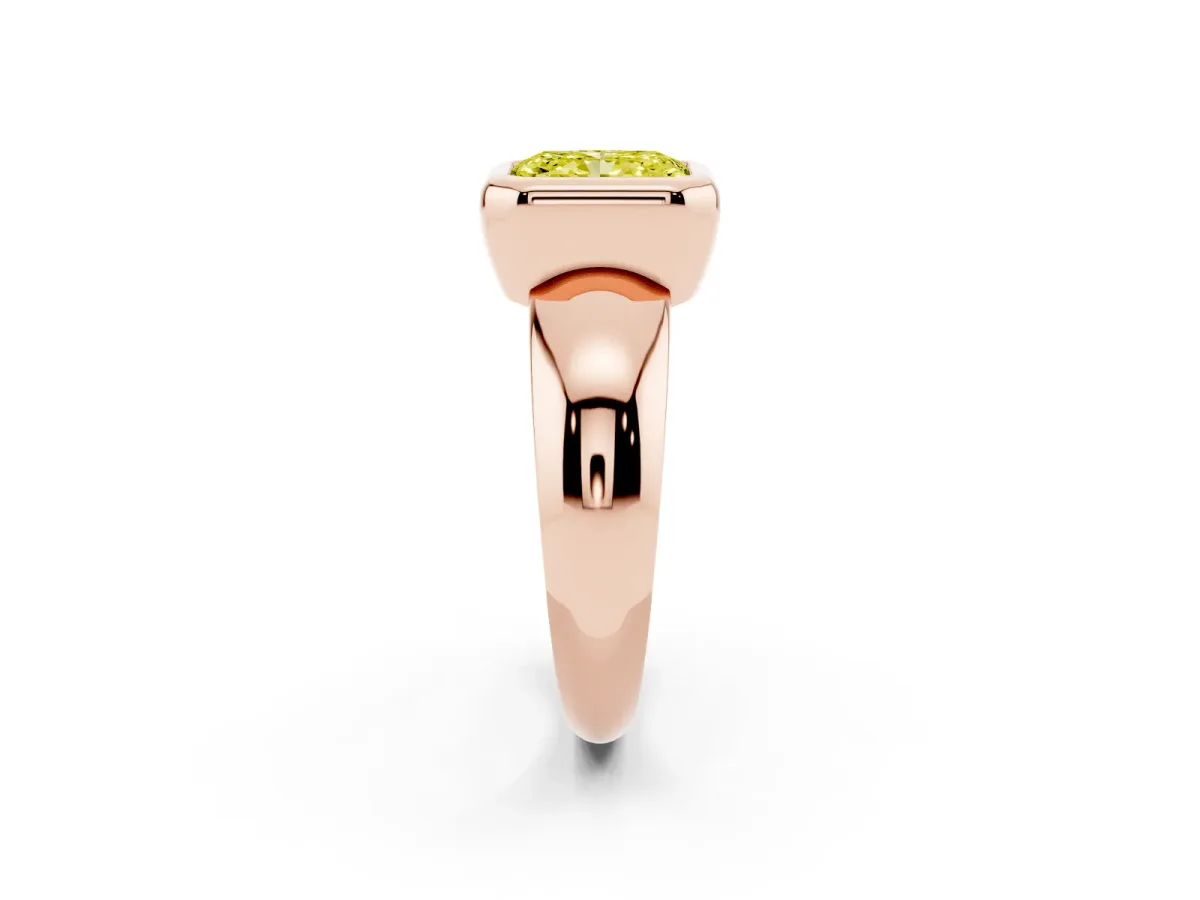 Fancy Yellow Bezel Set Radiant Cut Solitaire Ring with Wide Band Rose gold