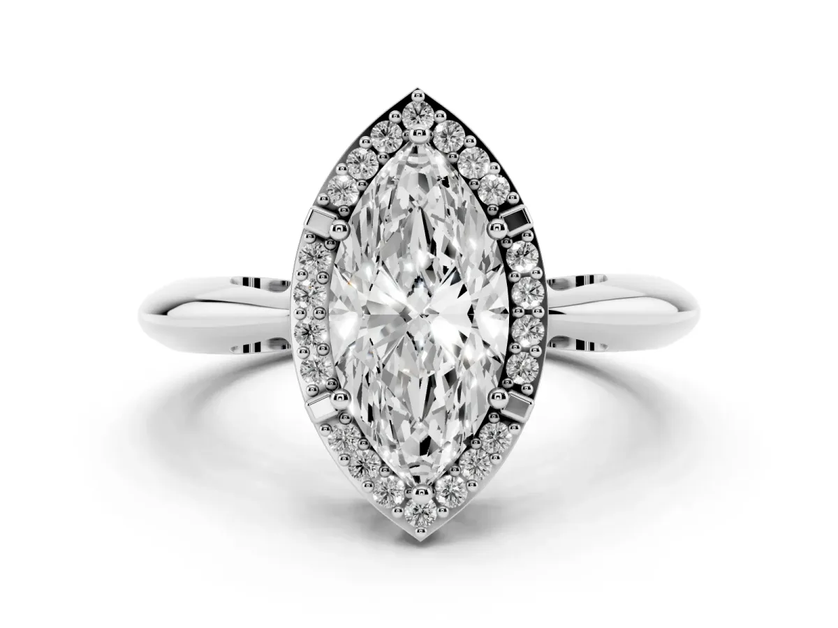 Marquise Cut Cut Diamond Halo Engagement Ring with Split Shank and Four-Prong Setting Silver