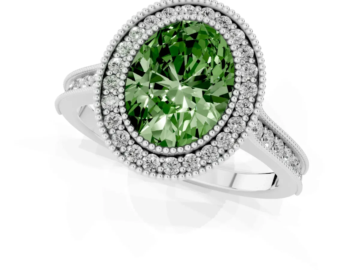 Fancy Green Halo Oval Cut-Cut Diamond Pave Band Milgrain Prong Setting Ring Silver