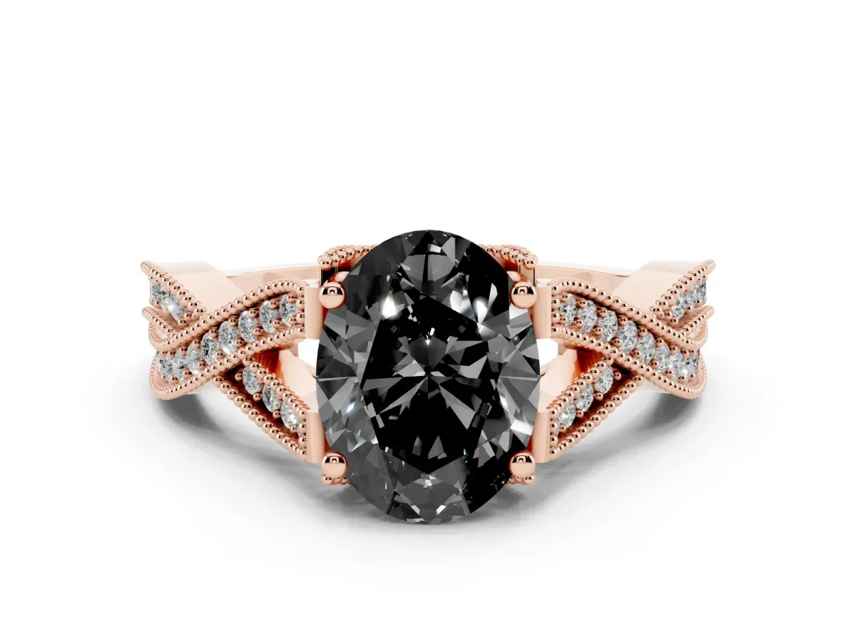 Fancy Black Oval Cut Cut Diamond Twisted Band with Milgrain Pave Setting and Four-Prong Setting Rose gold