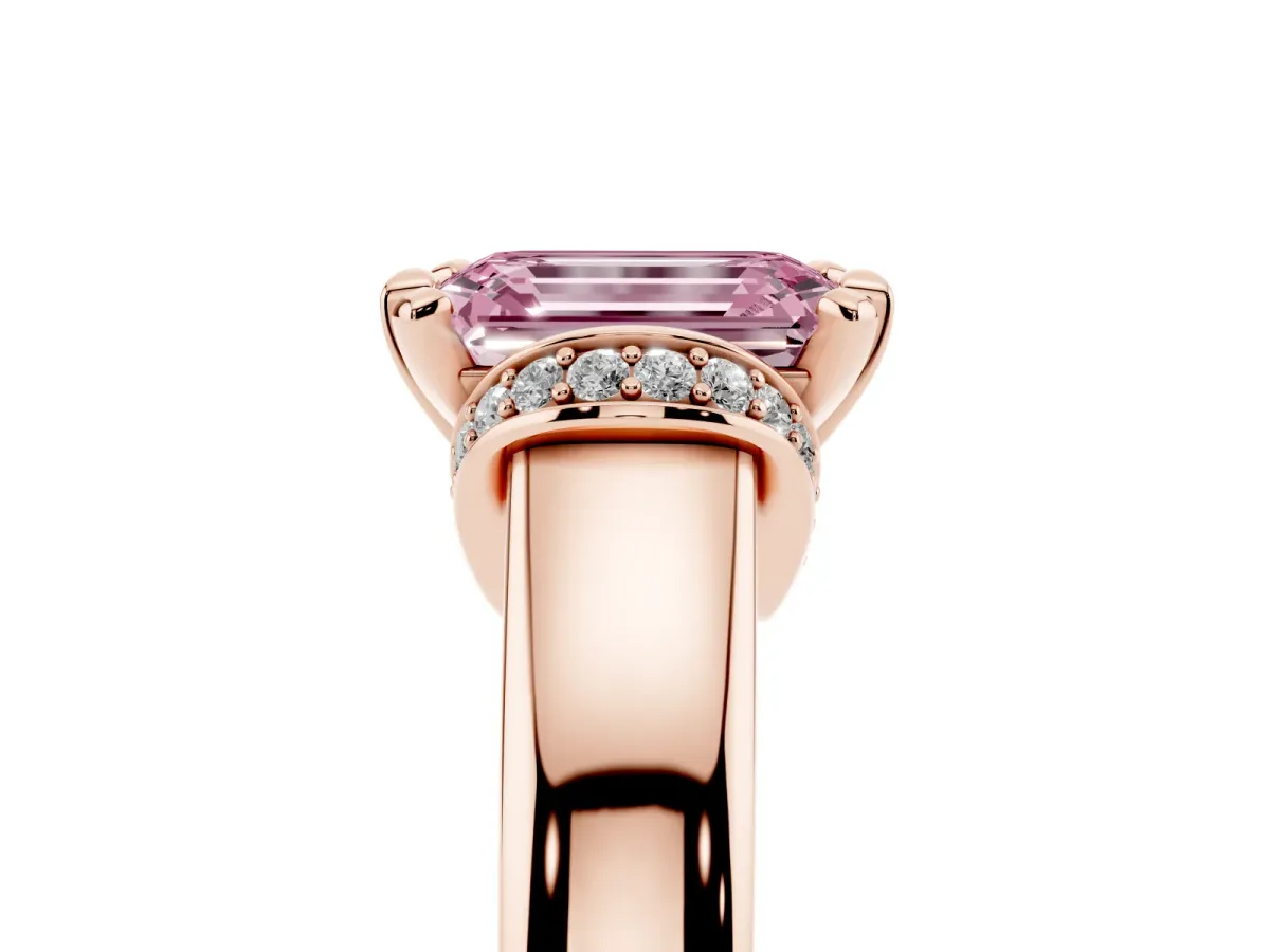 Fancy Pink Emerald Cut Solitaire Diamond Ring with Pave Band and Six-Prong Setting Rose gold
