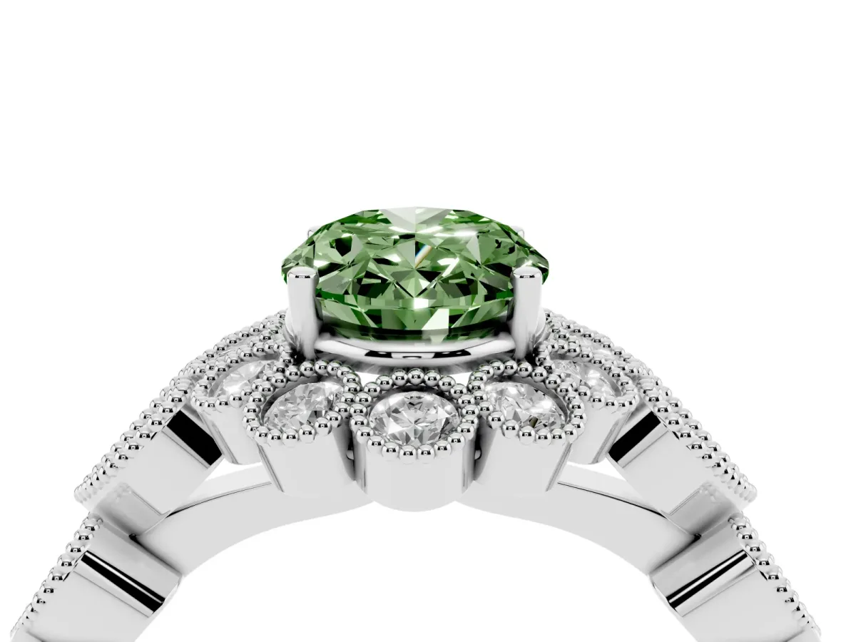 Fancy Green Oval Cut Brilliant Milgrain Pave Heart Band Solitaire Ring White gold