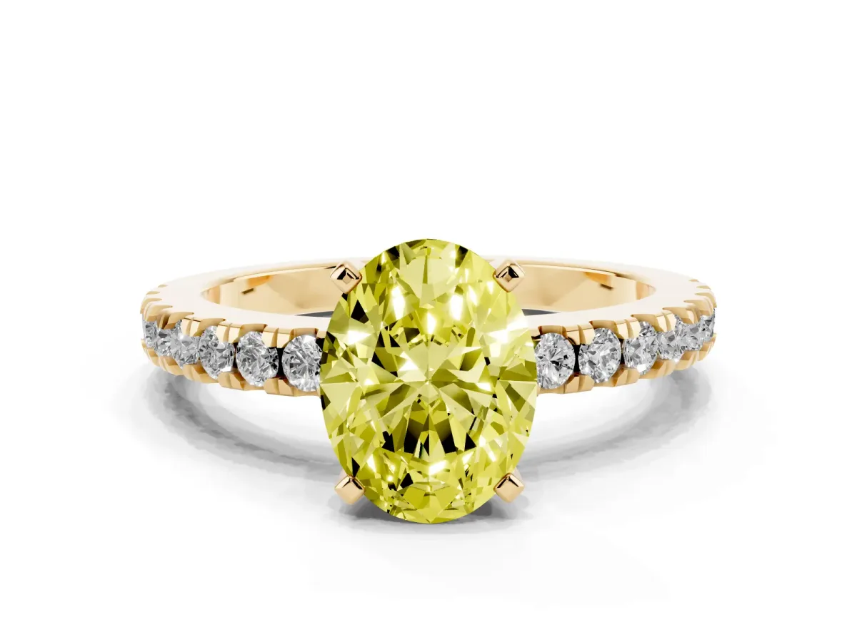 Fancy Yellow Oval Cut Solitaire Diamond with Pavé Band and Four-Prong Setting Yellow gold