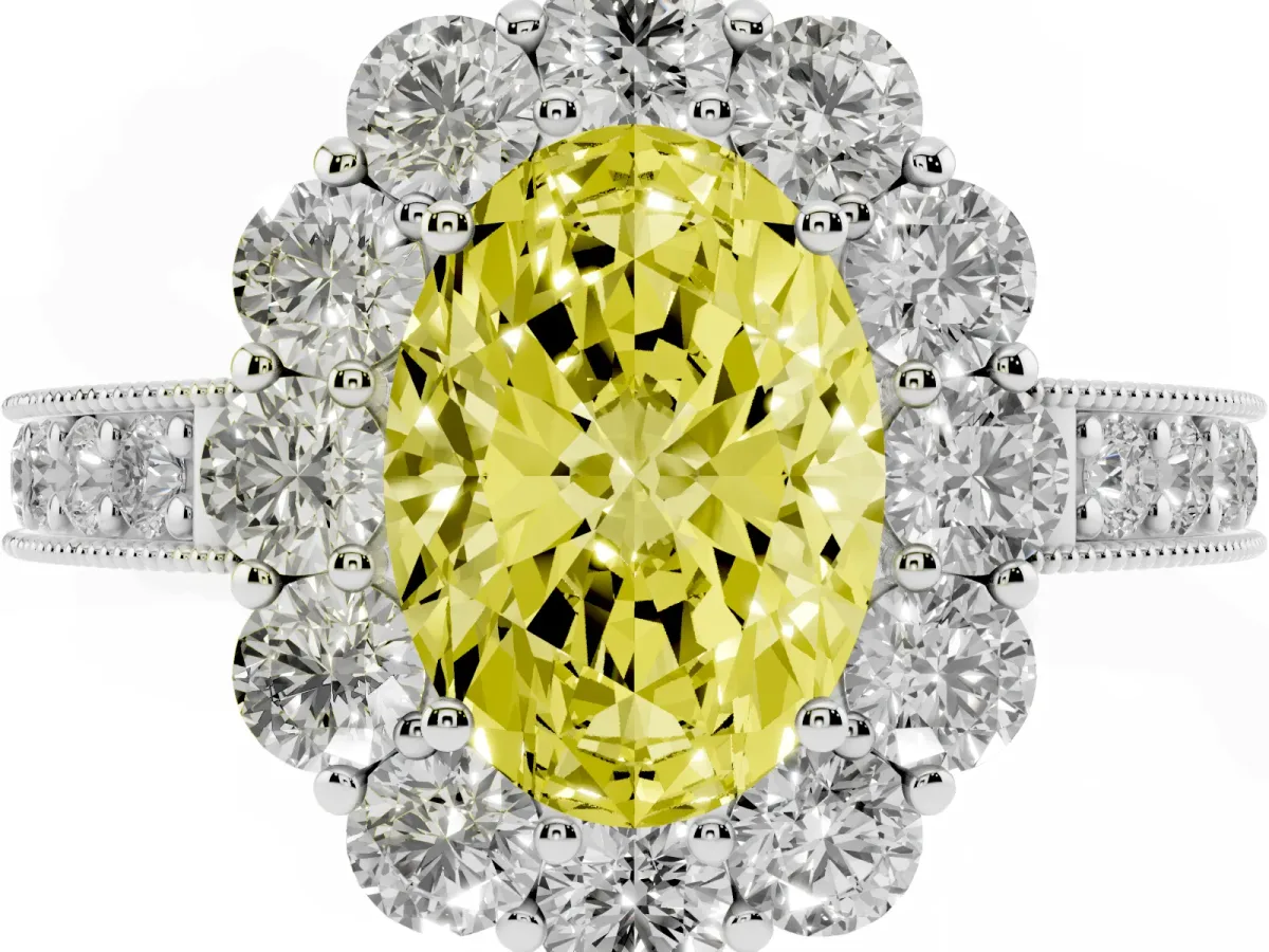 Fancy Yellow Oval Cut Cut Halo Diamond Pavé Engagement Ring with Milgrain Detailing Silver