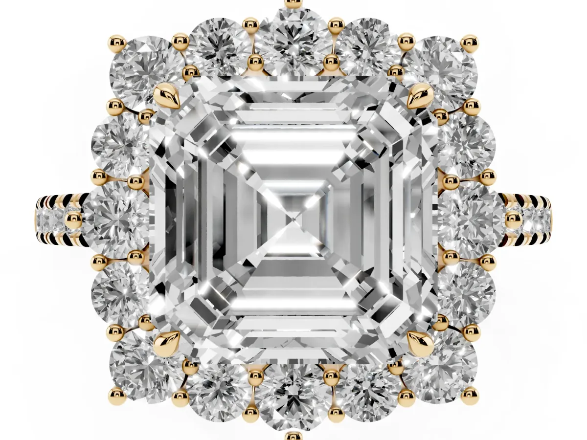 Asscher Cut Halo Diamond Ring with Pavé Band and Prong Setting Yellow gold