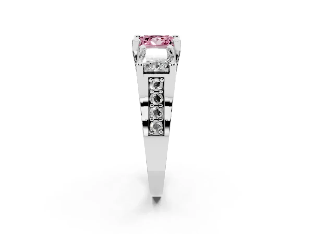Fancy Pink Princess Cut Diamond Three-Stone Ring with Channel Set Band and Four-Prong Setting Silver
