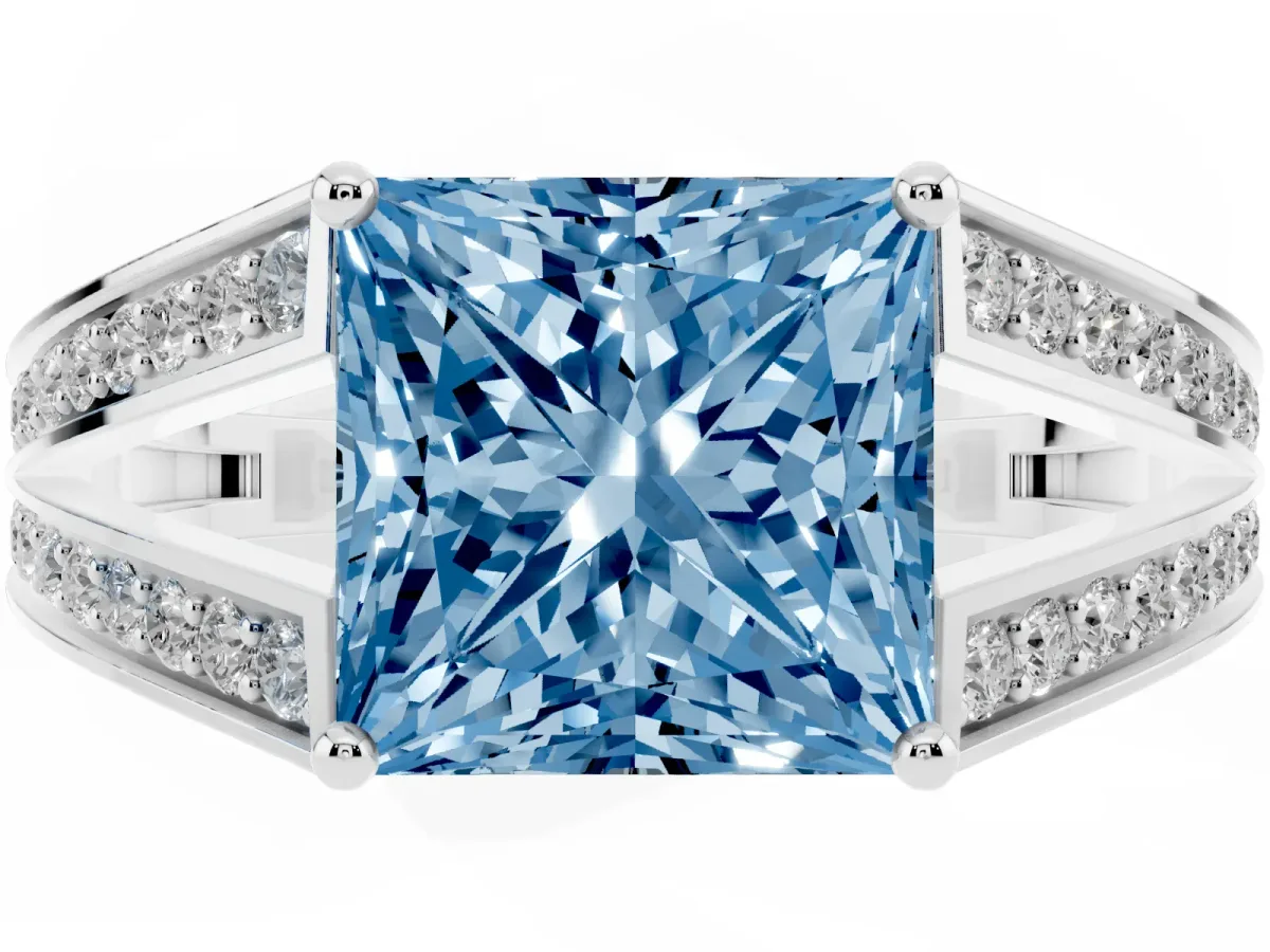 Fancy Blue Princess Cut Diamond Split Shank Ring with Pavé Band and Four-Prong Setting Platinum