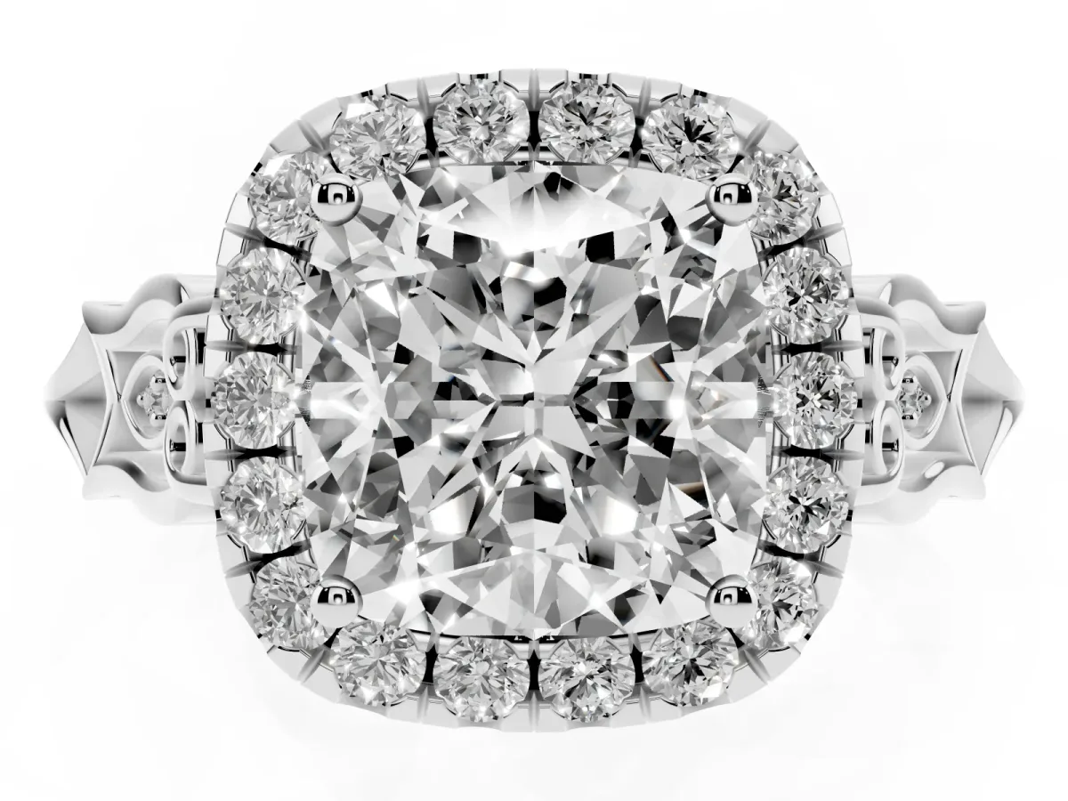 Cushion Cut Halo Diamond Engagement Ring with Filigree Band and Four-Prong Setting White gold