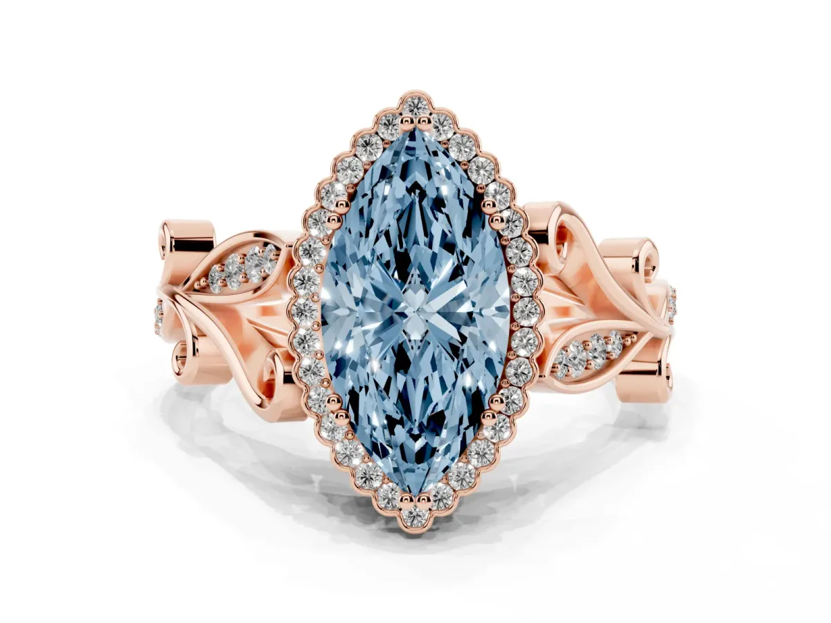 Fancy Blue Marquise Cut Diamond Halo Ring with Vintage Split Shank and Four-Prong Setting Rose gold