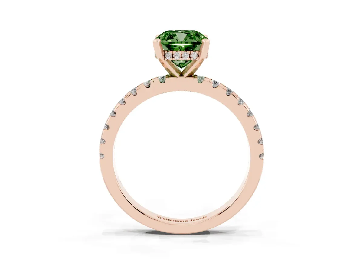 Fancy Green Cushion Cut Diamond Solitaire Ring with Round Pavé Band and Four-Prong Setting Rose gold