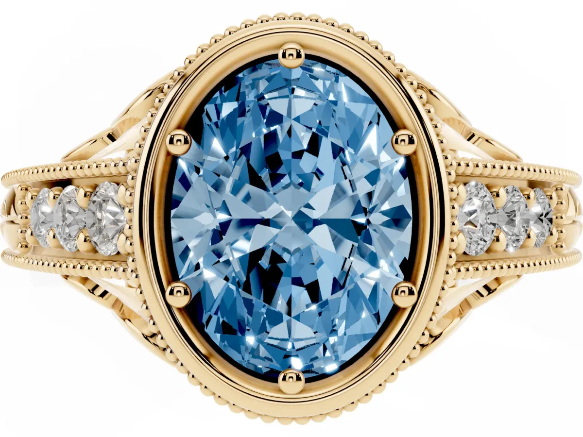 Fancy Blue Bezel Set Oval Cut Diamond Milgrain Pave Engagement Ring Yellow gold