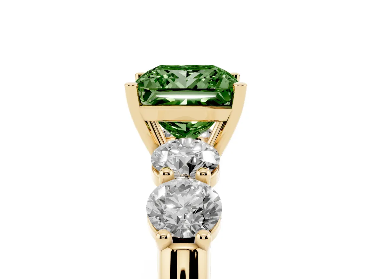 Fancy Green Princess Cut Cut Five-Stone Prong Set Diamond Ring with Classic Band Yellow gold
