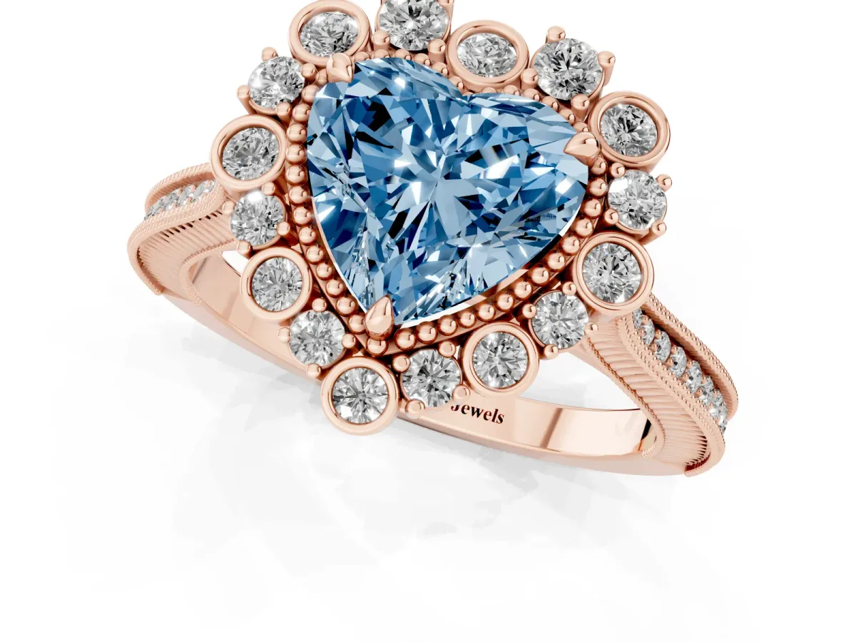 Fancy Blue Heart Cut Halo Milgrain Pave Diamond Ring with Four-Prong Setting Rose gold